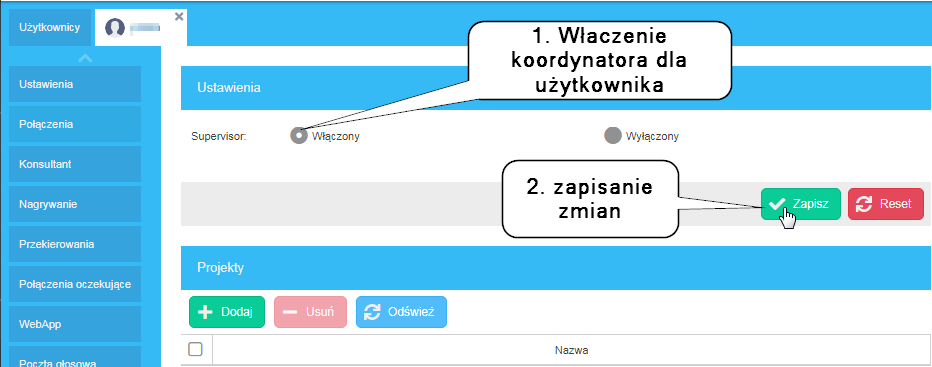 Okno z dostępnymi projektami