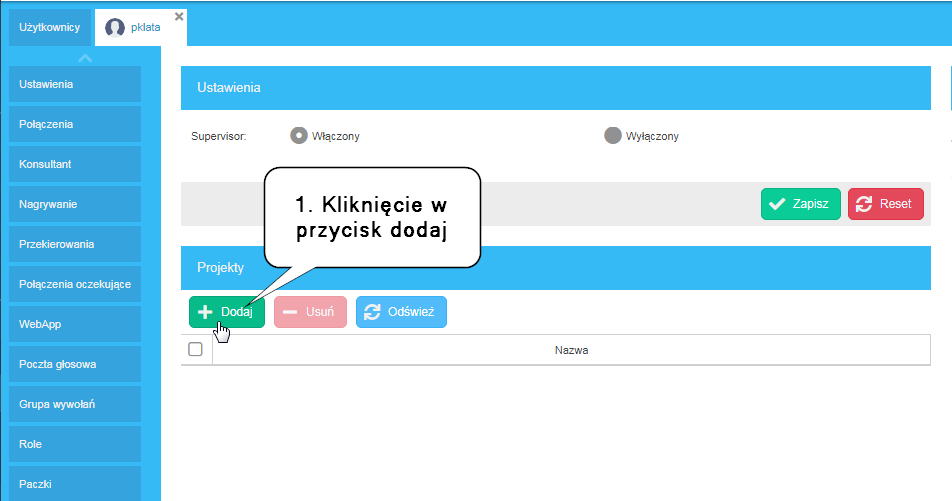 Okno z dostępnymi projektami