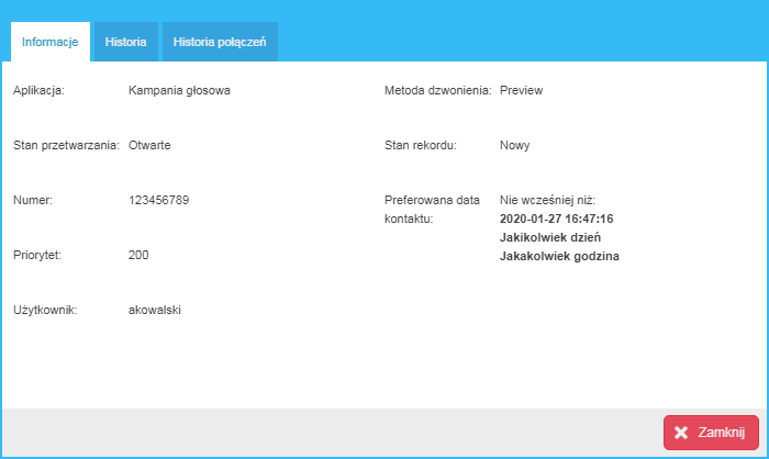 okno detale połączenia
