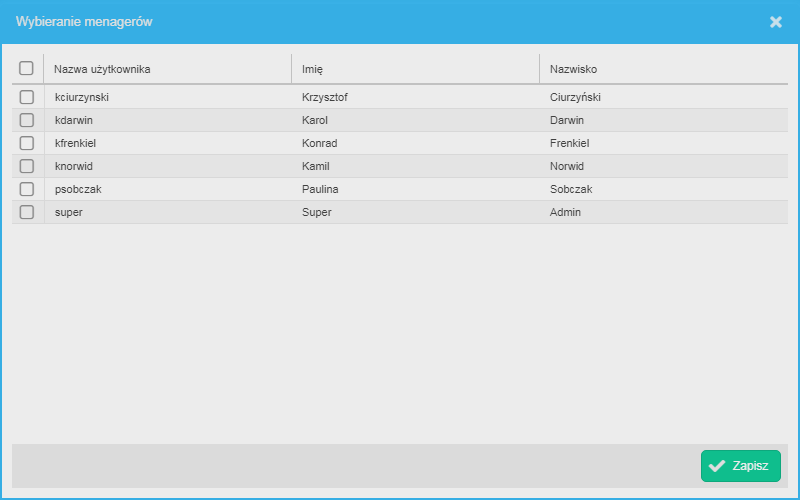 okno wybieranie menagerów