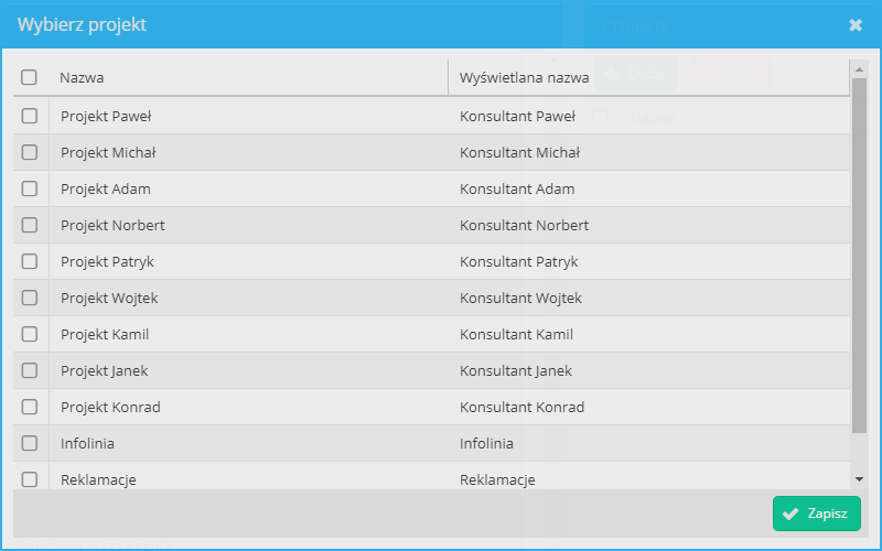 Okno wybierz projekt