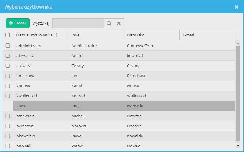 Okno Wybierz użytkownika