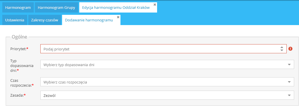 Podzakładka Dodawanie harmonogramu