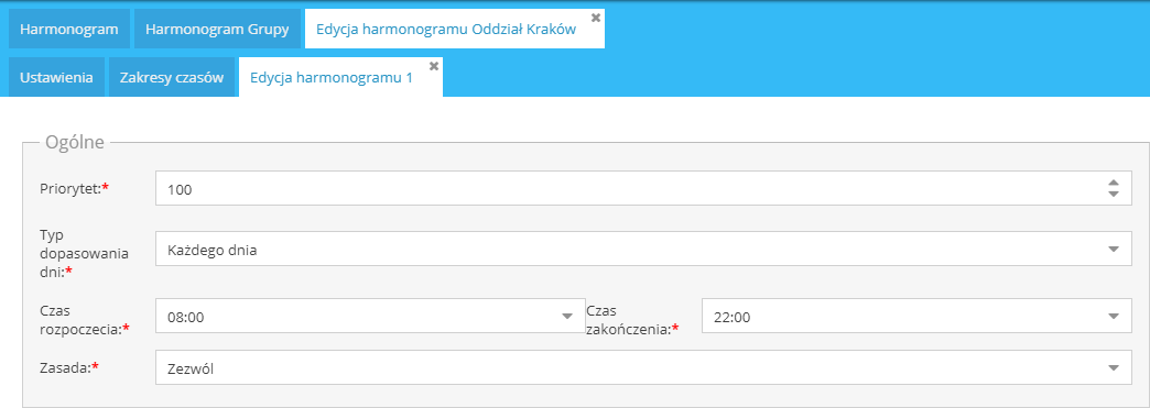 Podzakładka Edycja harmonogramu