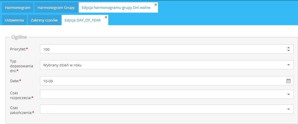 Edycja Zakresu czasu dla harmonogramu grupy