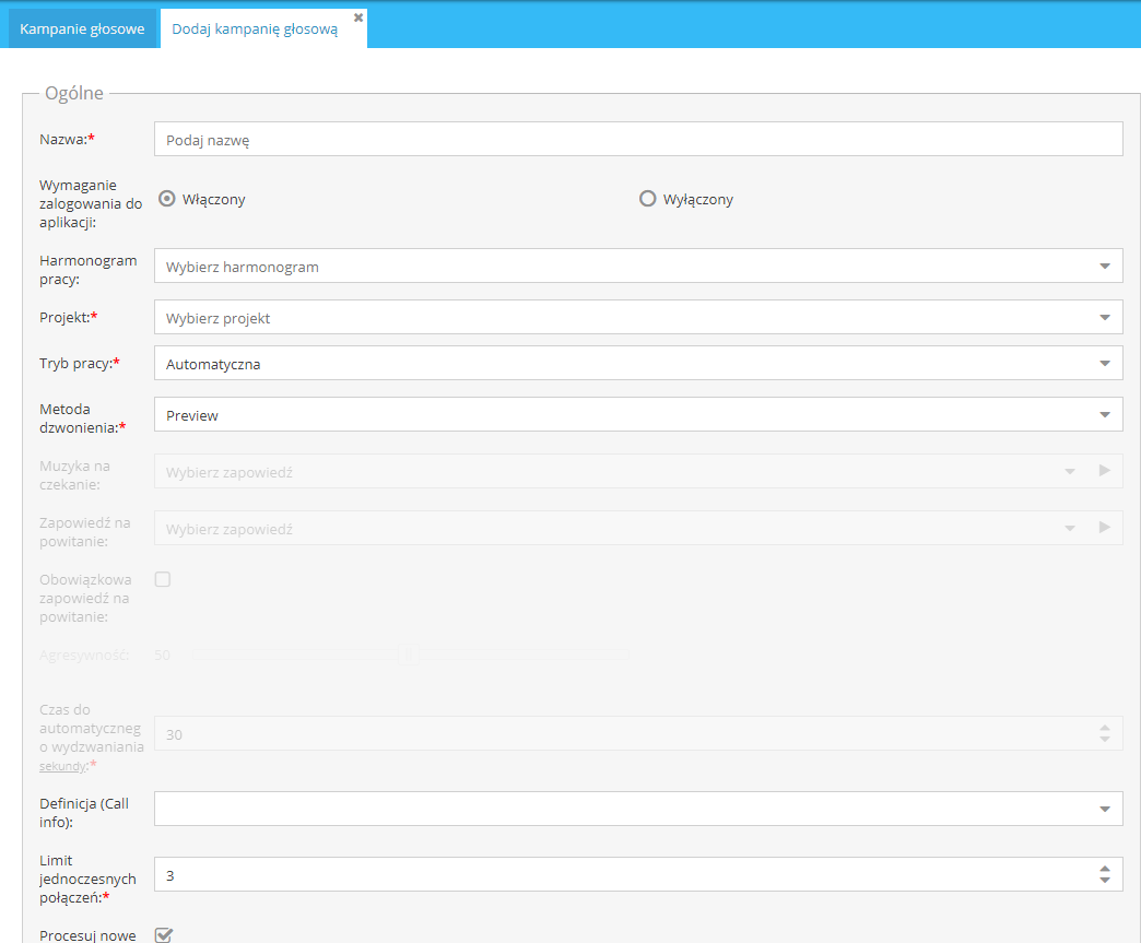 Zakładka Dodaj kampanie głosową