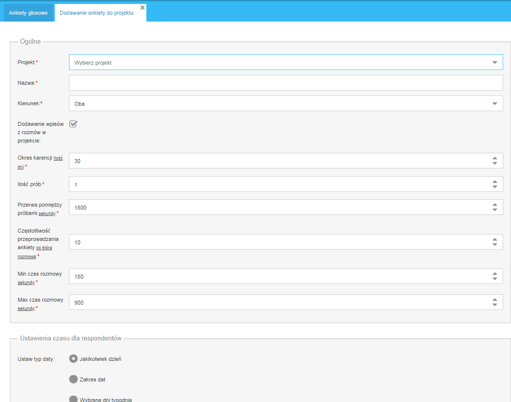 Zakładka Dodawanie ankiety do projektu